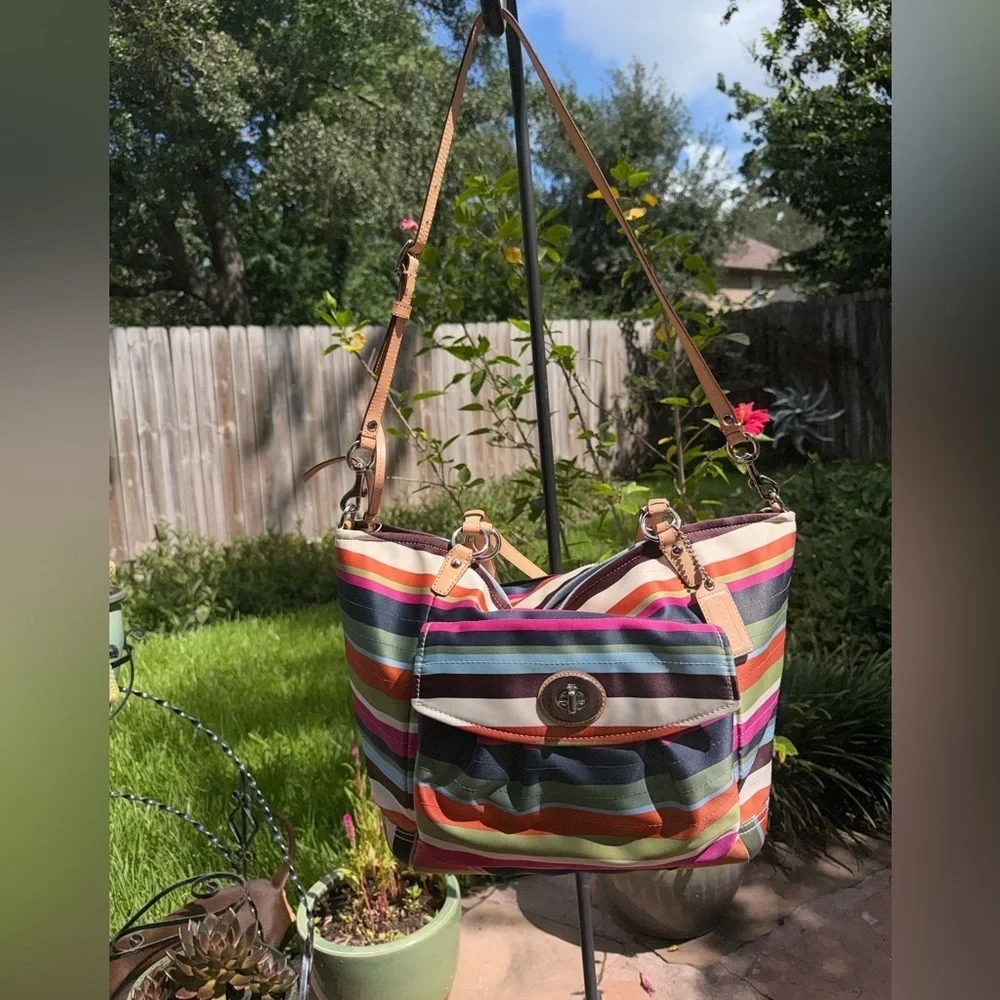 Rare Coach Legacy Stripe Leah Large Tote Purse & Matching Wristlet